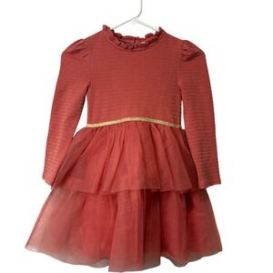 Mini Boden Tulle Tutu Dress Kids 6-7Y‎ Coral Pink Gold Metallic Striped Tiered